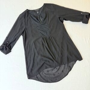 White House Black Market Black Embroidered Roll Tab Sleeve Tunic Top Size 6‎